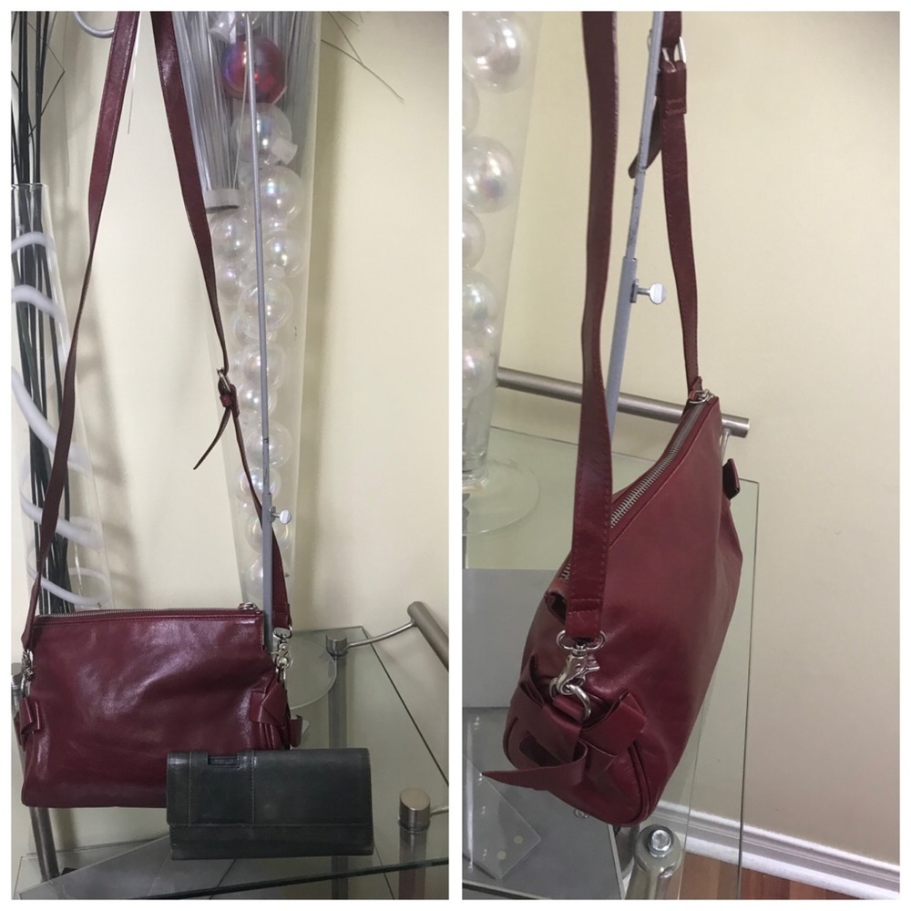 Danier Leather 2 Piece BAG & WALLET Red Crossbody Shoulder Bag Gray Wallet Tote